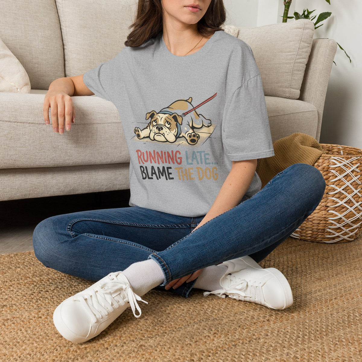 Bulldog T-Shirt — “Running Late… Blame The Dog” Funny Pet Lover Tee