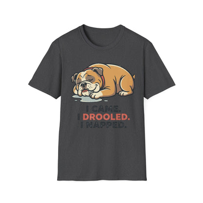Bulldog Nap T-Shirt — "I Came. I Drooled. I Napped." Cute Sleeping Dog Tee